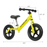 Yellow Epsilon children's balance bike with detailed dimensions