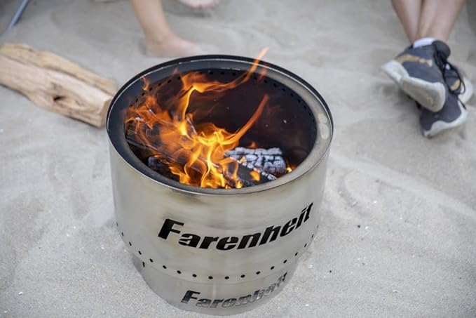 Fahrenheit fire pit with flames on a beach setting