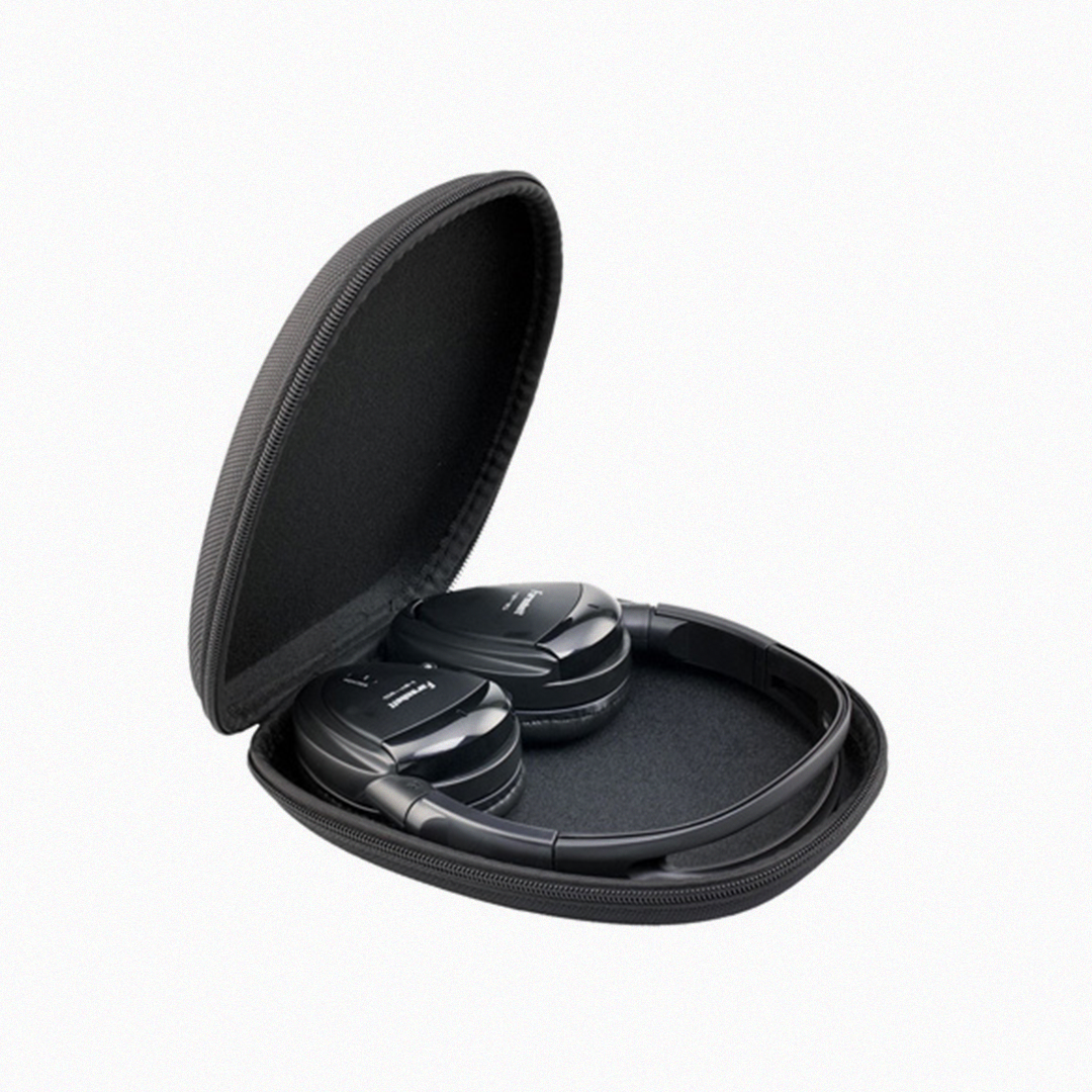 Fahrenheit wireless headphones inside their carrying case