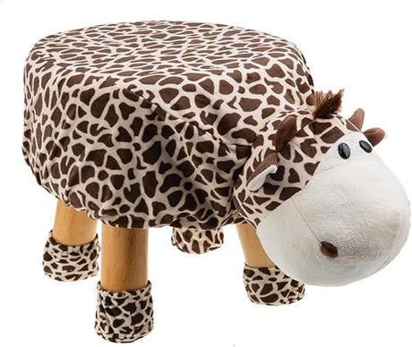 Plush giraffe-shaped animal stool with giraffe print and wooden legs