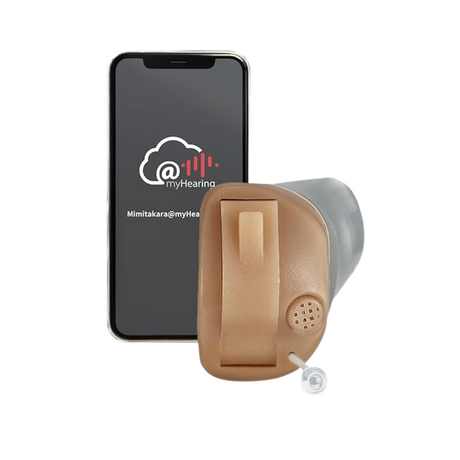 Back view of hearing aid device paired with smartphone showing app interface.