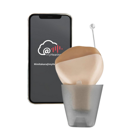 Hearing aid device paired with smartphone showing the MyHearing app interface.