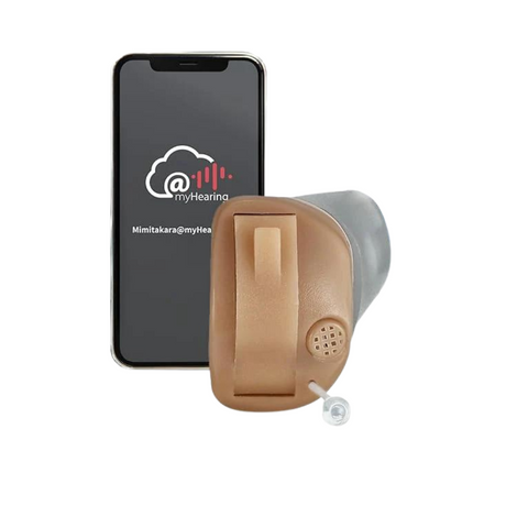 Hearing aid with smartphone companion app for personalized tuning and support.