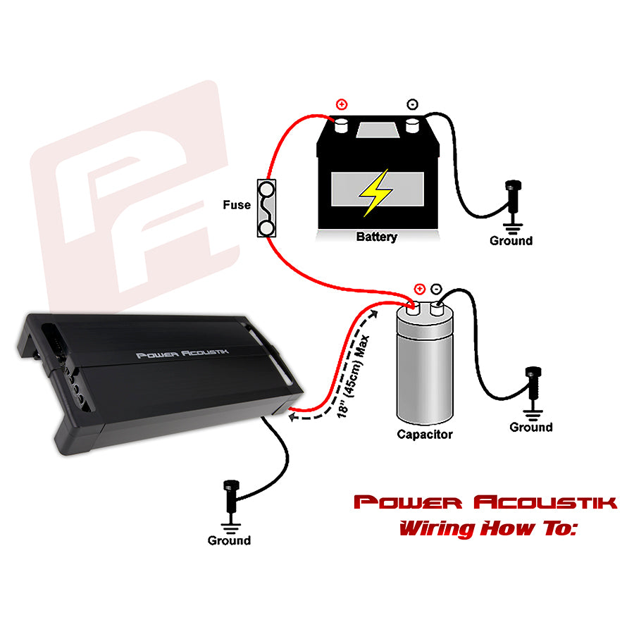 Wiring guide for Power Acoustik capacitor showing connection points and instructions