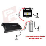 Wiring guide for Power Acoustik capacitor showing connection points and instructions