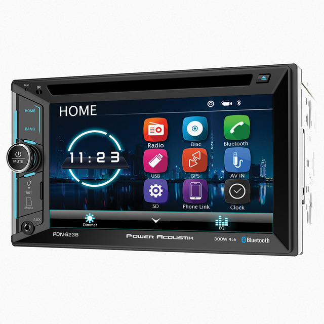 Power Acoustik car audio system showing the home screen display