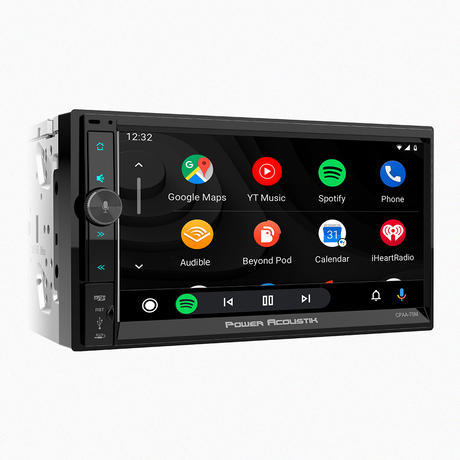 Angled view of Power Acoustik car audio with modern apps interface