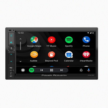 Power Acoustik car audio system displaying modern apps on home screen