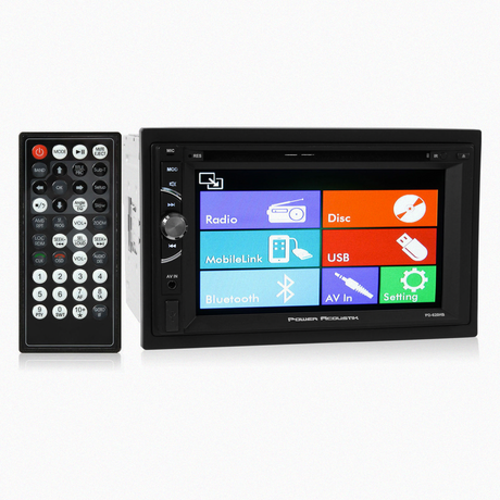 Power Acoustik car audio system displayed with remote control