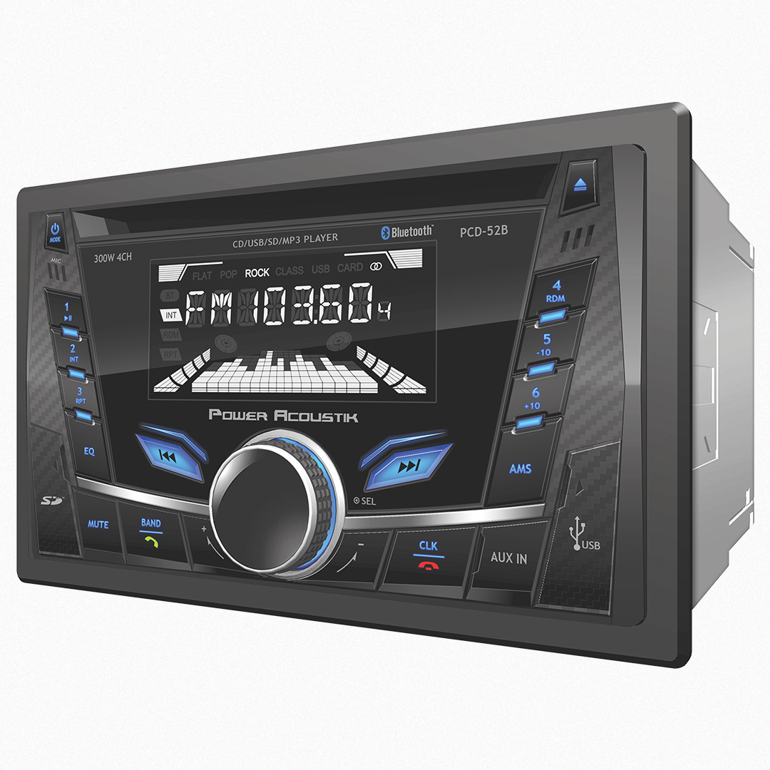 Power Acoustik car stereo system displaying radio interface