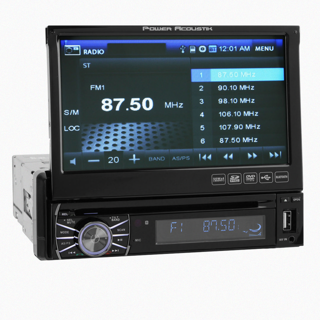 Power Acoustik DVD player displaying the FM radio screen