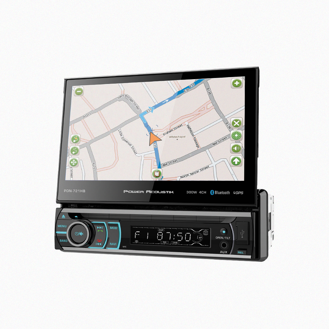 Power Acoustik DVD player displaying GPS navigation