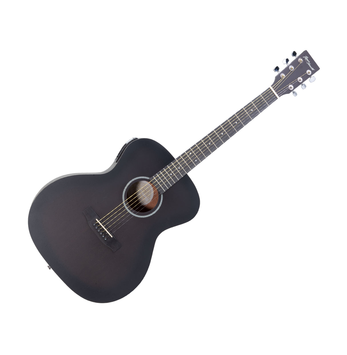 Front view of a matte black Power Acoustik guitar