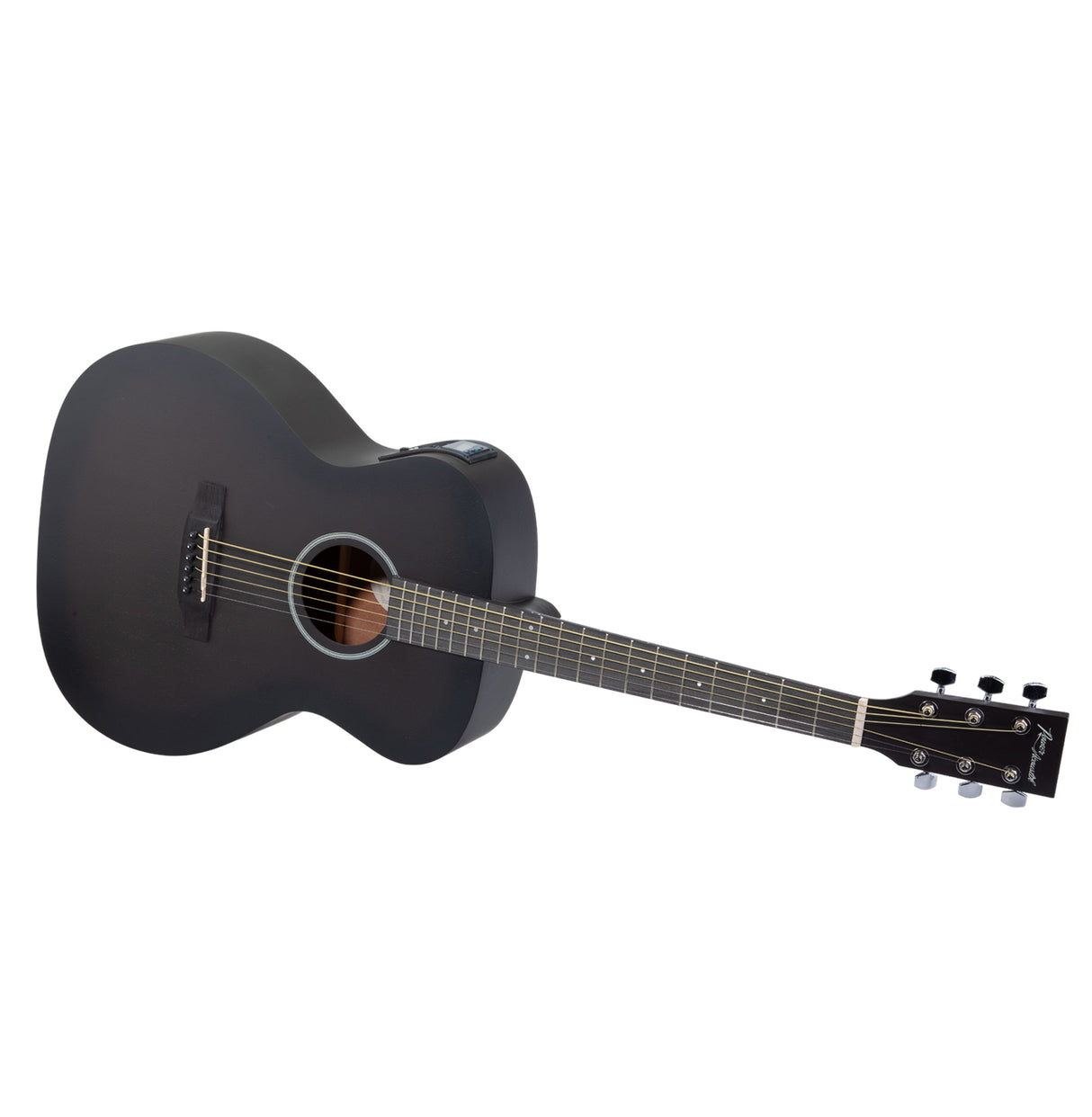 Side angle view of a matte black Power Acoustik guitar