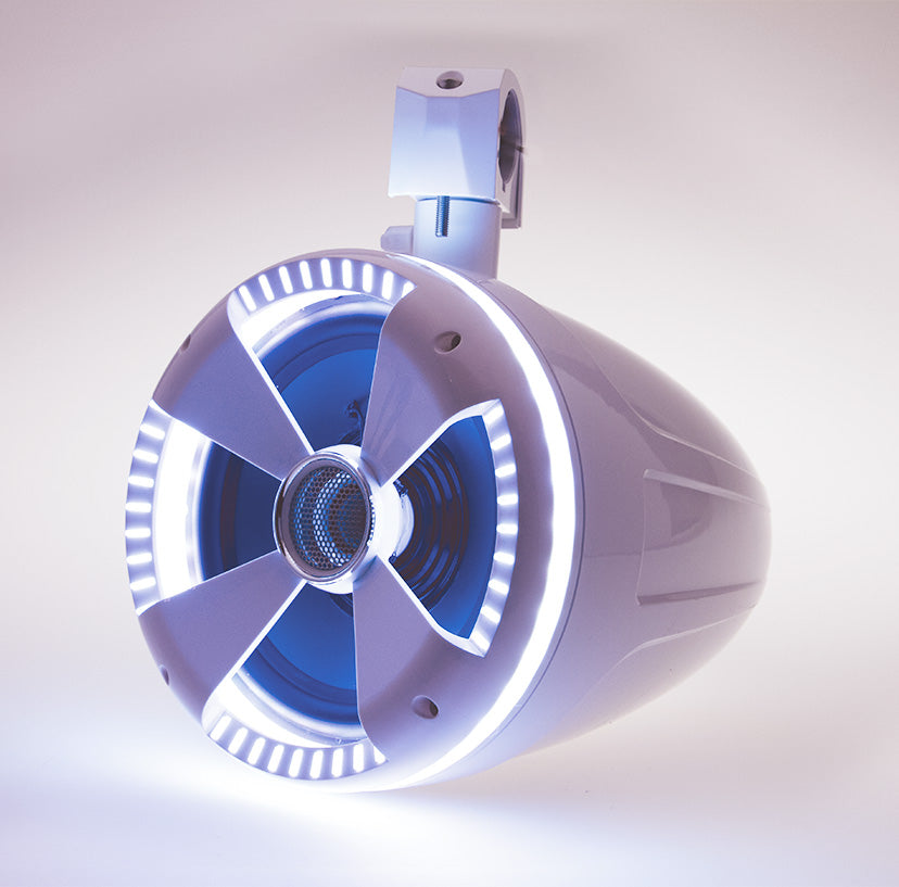 Front view of Power Acoustik marine speaker with LED lights