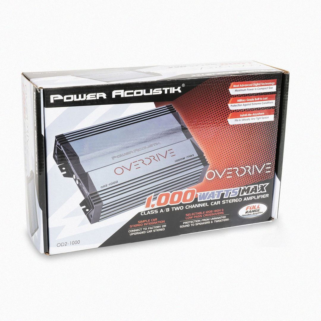 Packaging of Power Acoustik Overdrive 1000W car amplifier