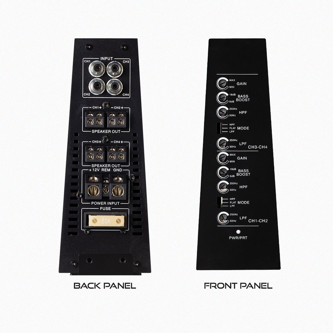 Back and front panels of Precision Power amplifier showing inputs and controls