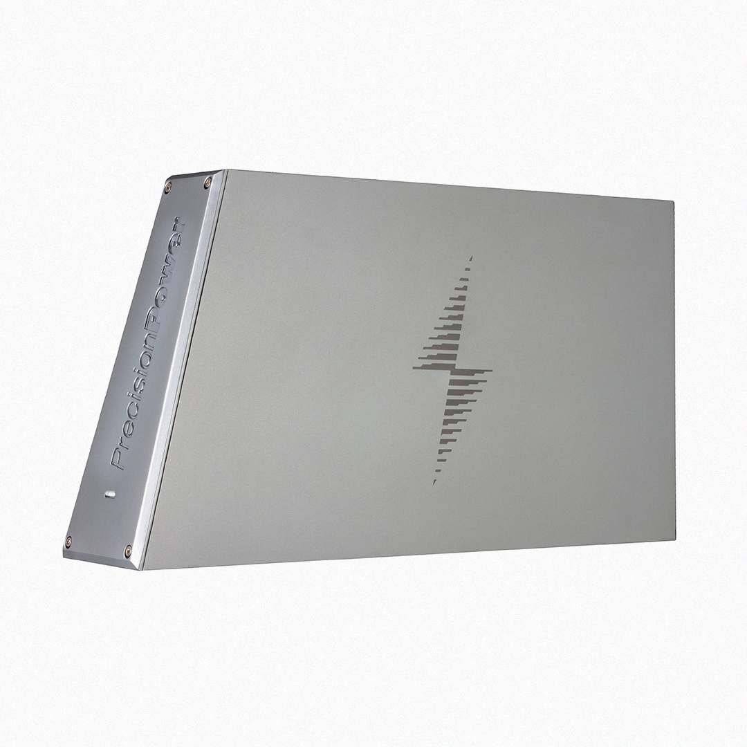 Side view of Precision Power amplifier with lightning bolt logo