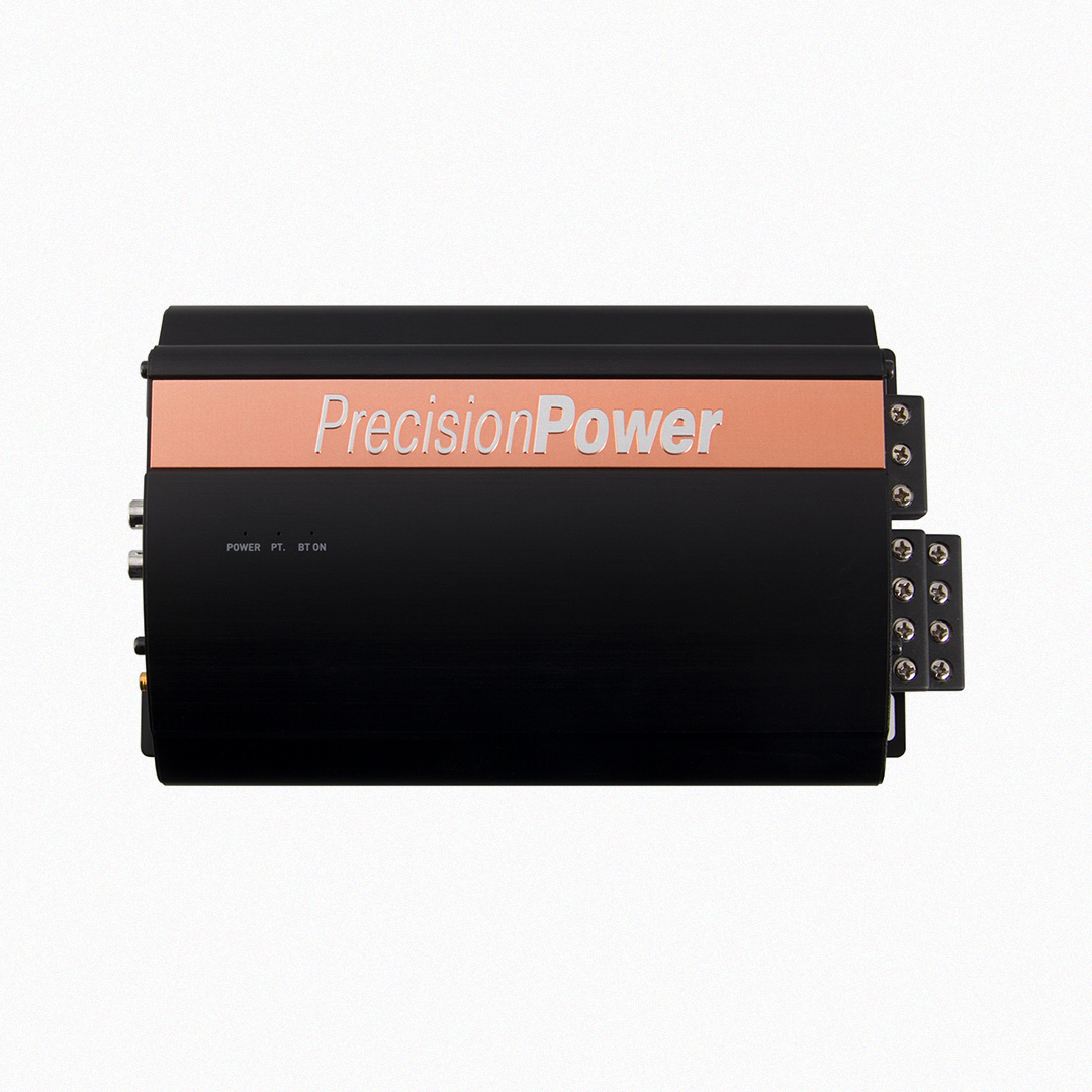 Top view of Precision Power amplifier with logo branding.