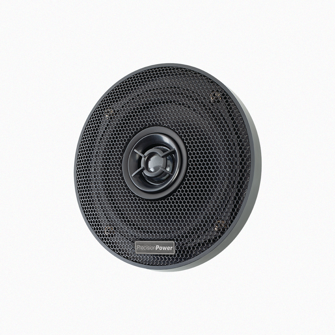 Side view of Precision Power Atom speaker with grille