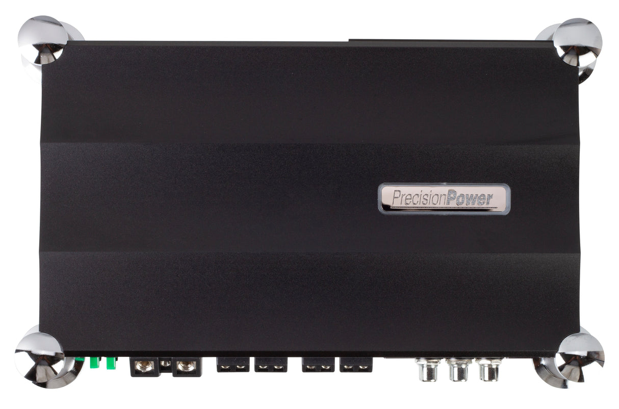 Precision Power car audio amplifier, close-up view, black finish