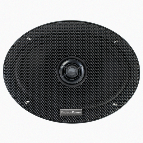 Precision Power car speaker front view with mesh cover, oval design