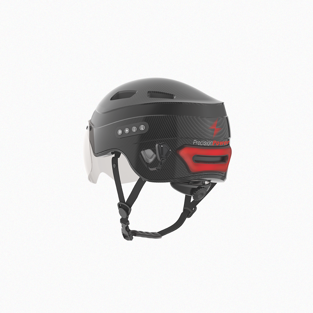 Back right view of Precision Power helmet with logo and rear light