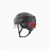 Back right view of Precision Power helmet with logo and rear light