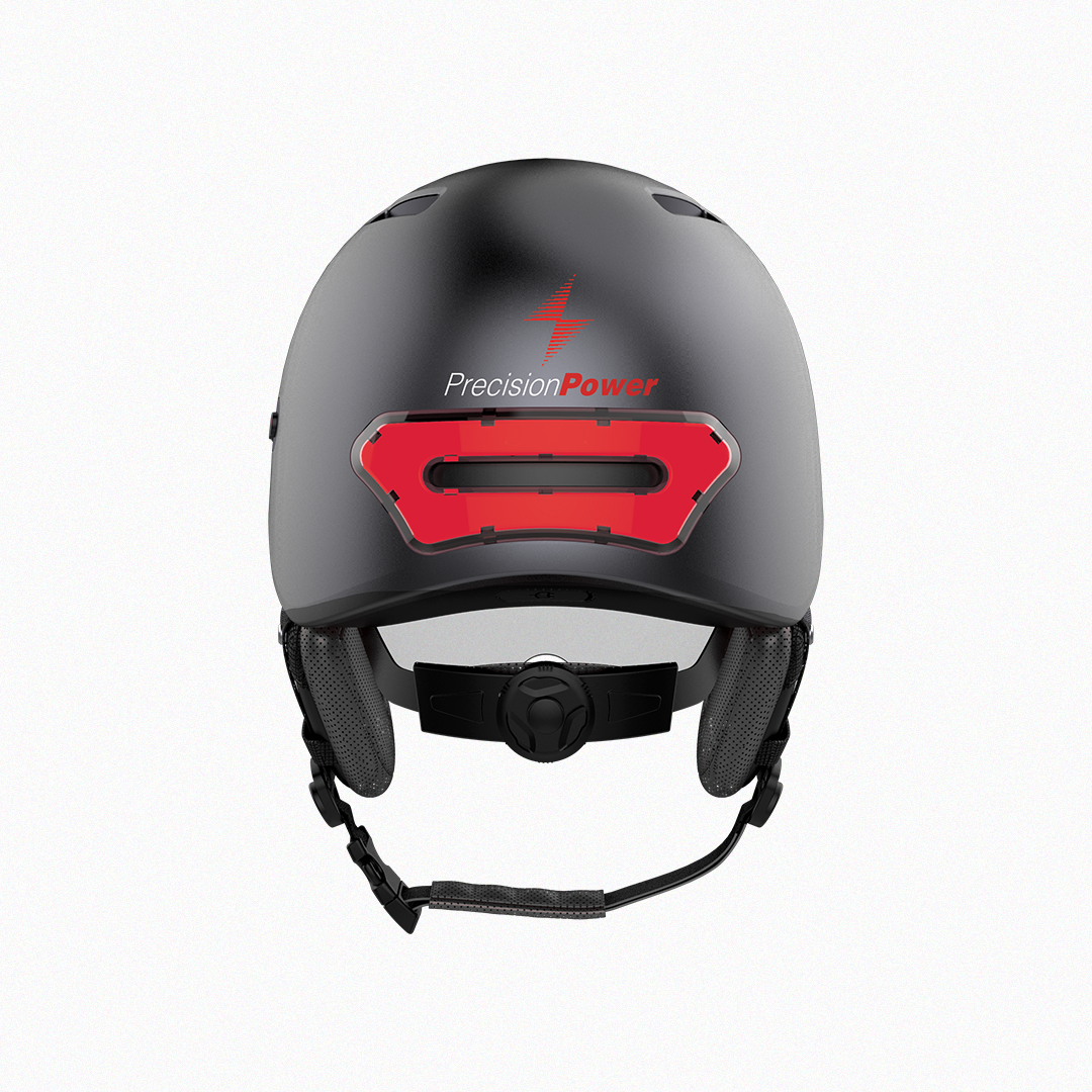 Back view of Precision Power helmet with logo and rear light