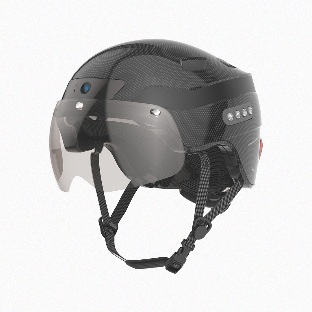 Side view of Precision Power helmet with camera and visor