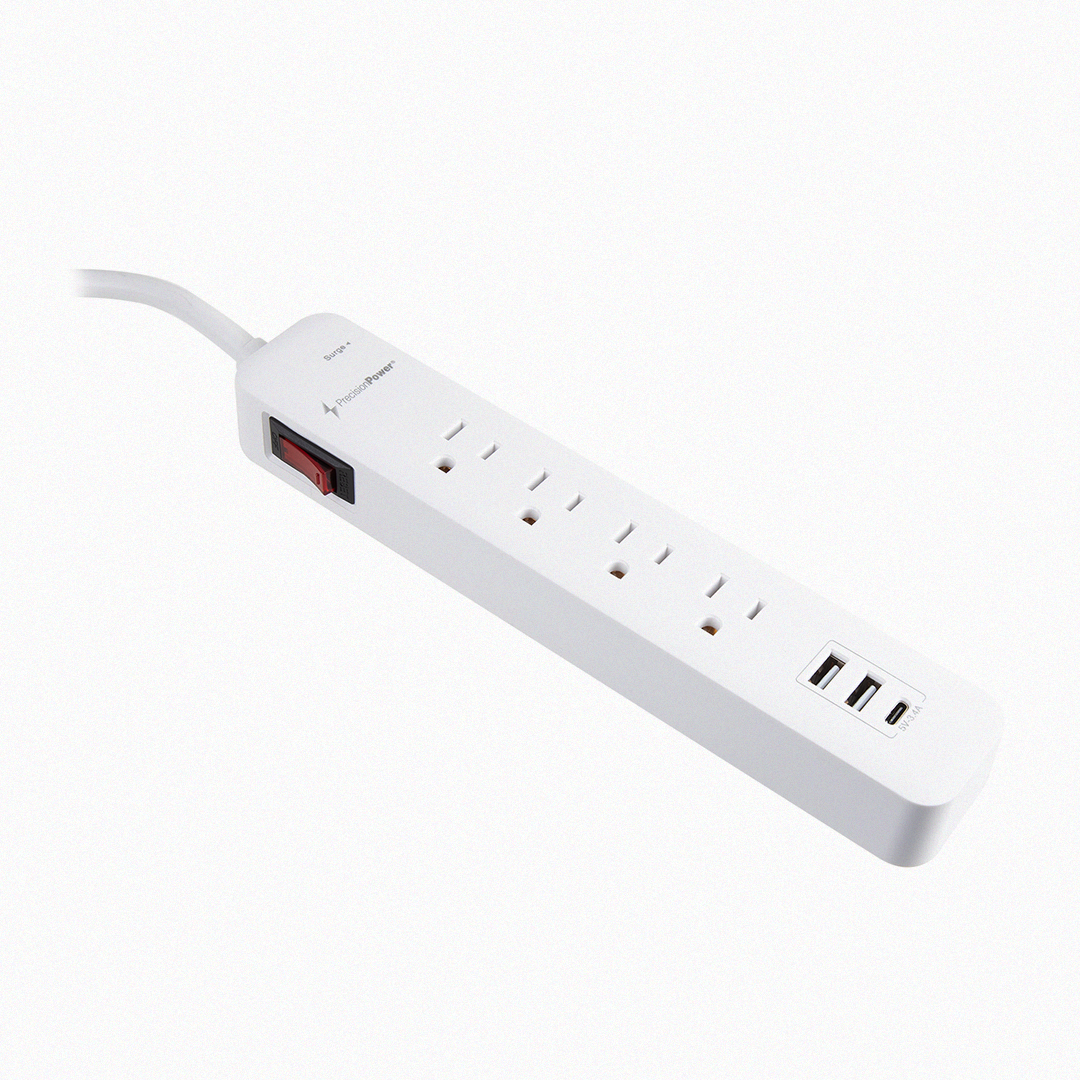 Angled view of Precision Power power strip showing USB ports