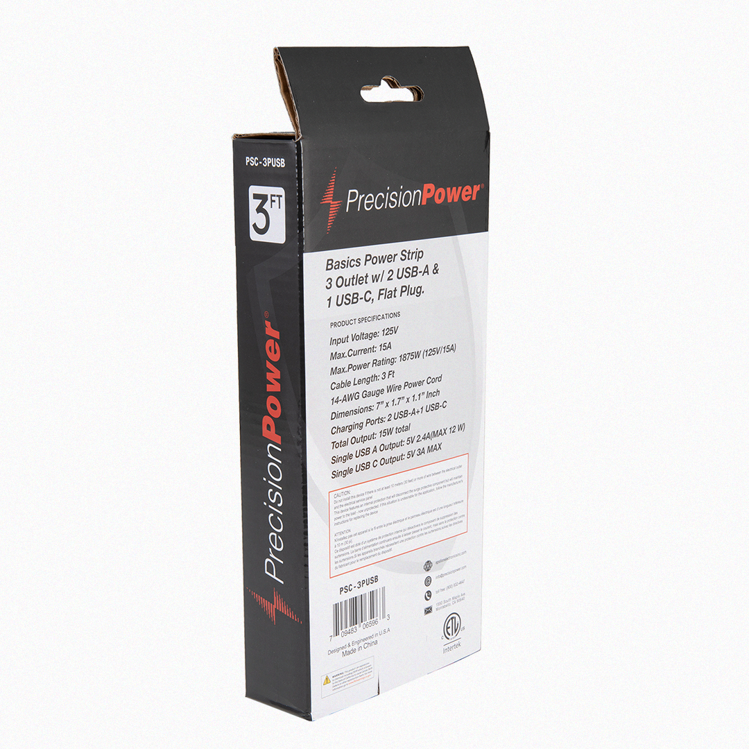 Back view of Precision Power power strip packaging