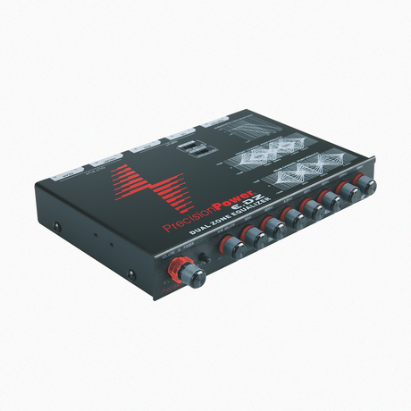 Red illuminated Precision Power car amplifier with control settings.