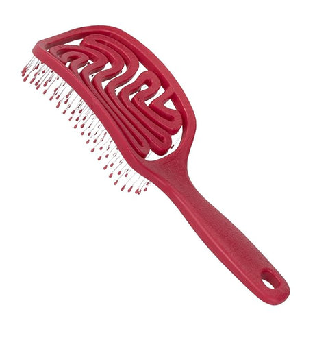 Red hairbrush with unique spiral design and long handle