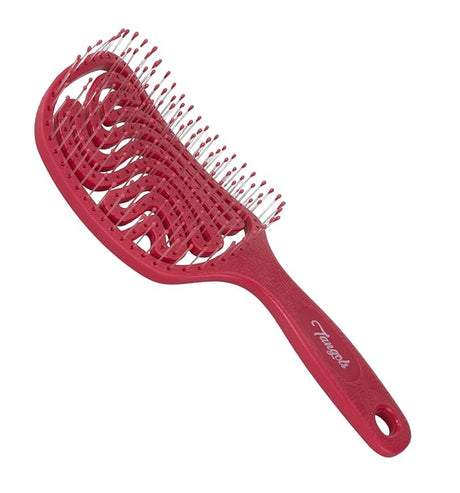 Red hairbrush with ventilated design and ergonomic handle