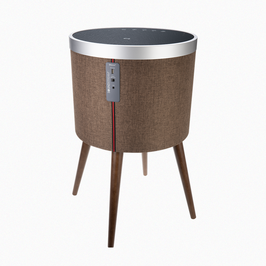 Front view of brown Soundstream speaker table with wooden legs