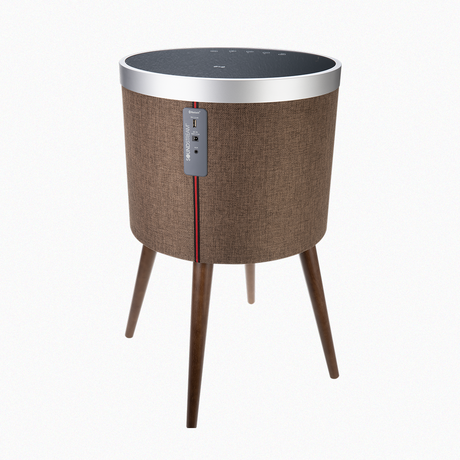 Front view of brown Soundstream speaker table with wooden legs