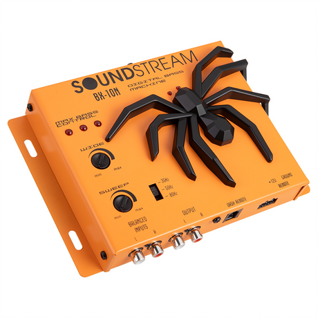 Angled view of Soundstream BX-10N Digital Bass Machine with spider design