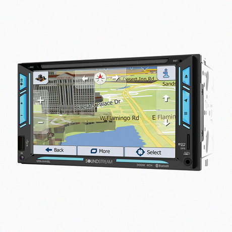 Soundstream car audio head unit with GPS and interface icons