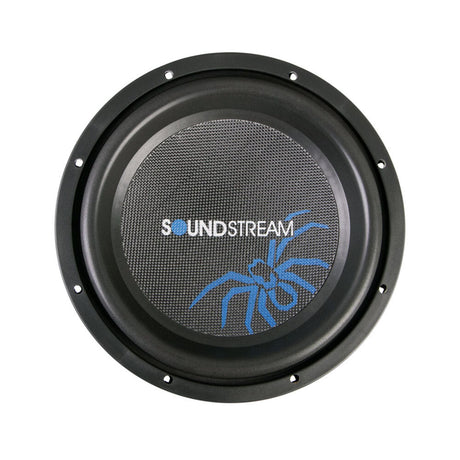 Soundstream car audio subwoofer with spider logo on a gray speaker grille