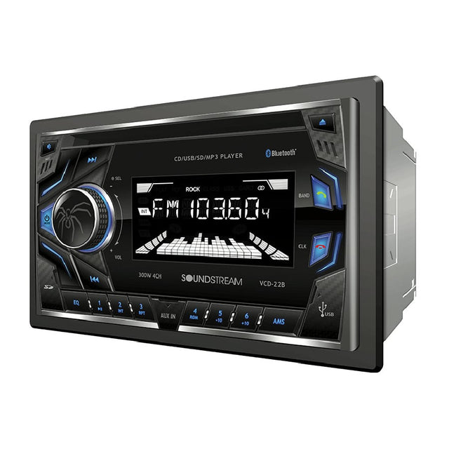 Front display of Soundstream car stereo showing FM radio