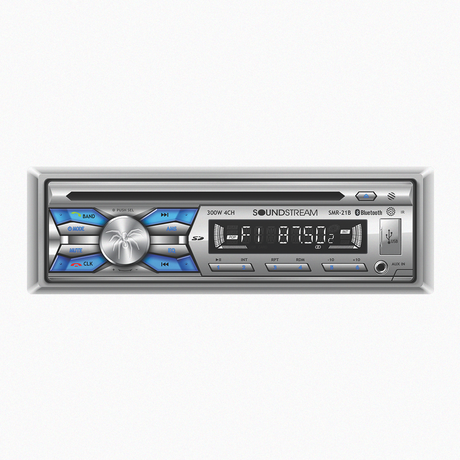 Front view of Soundstream car stereo displaying time and settings