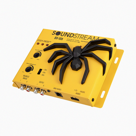 Angled view of Soundstream BX-10A Digital Bass Machine with spider design in yellow