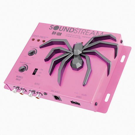 Angled view of Soundstream BX-10R Digital Bass Machine with spider design in pink