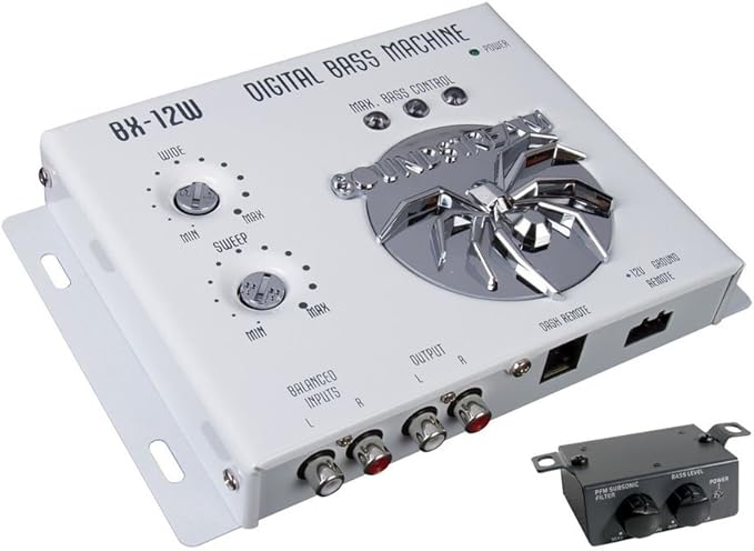 Angled view of Soundstream BX-12W Digital Bass Machine with chrome spider design