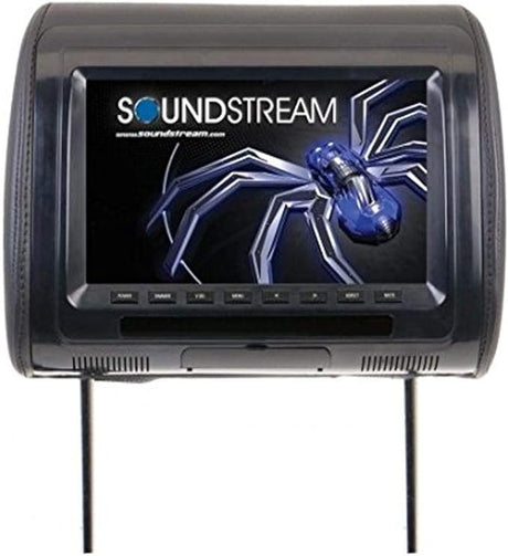 Soundstream headrest screen displaying spider logo