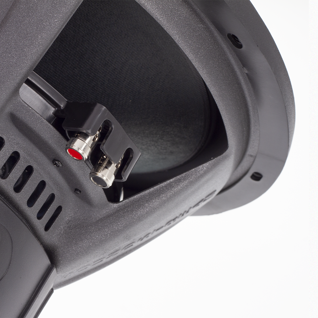 Close-up view of Soundstream Reference subwoofer connectors