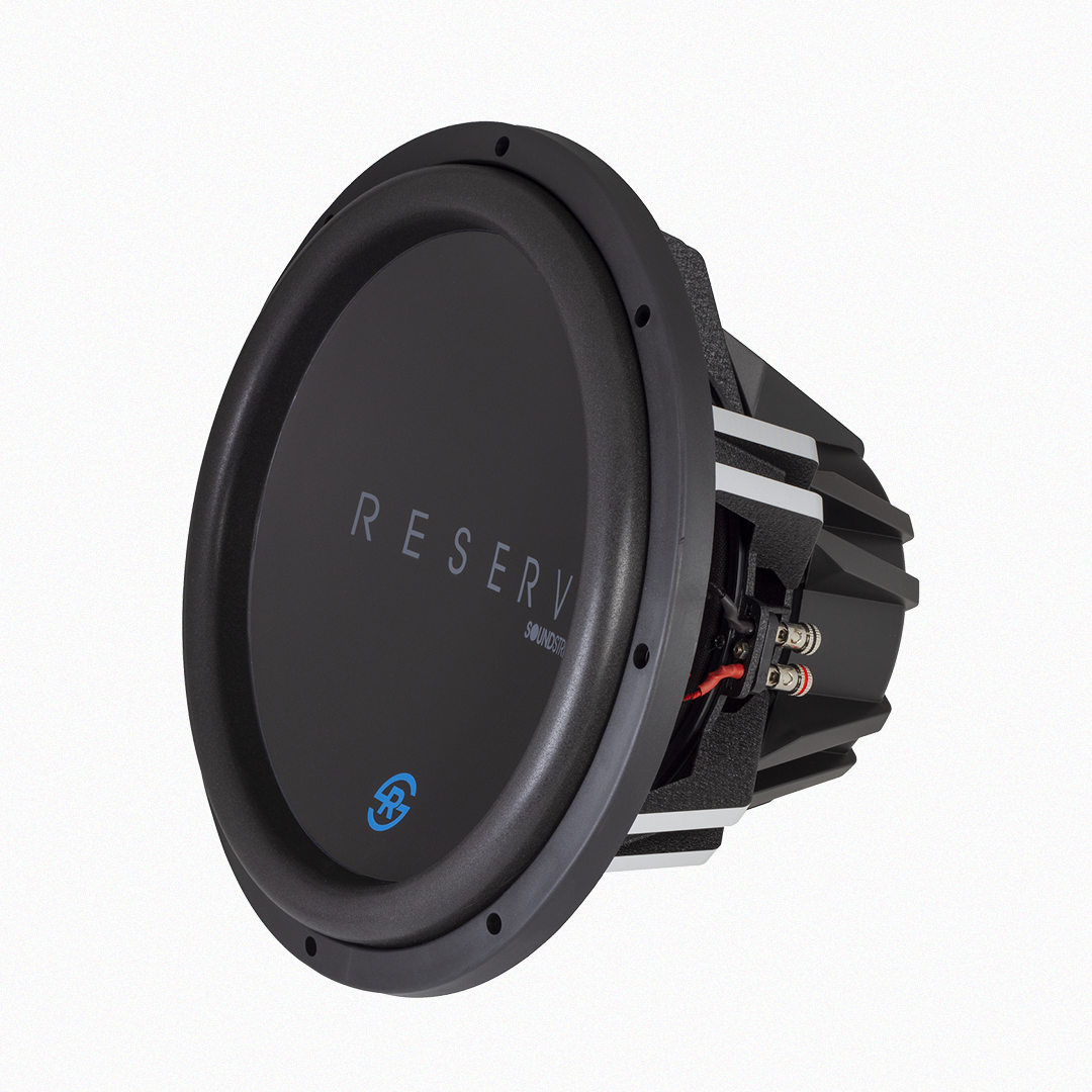 Angled view of Soundstream Reserve subwoofer with connectors