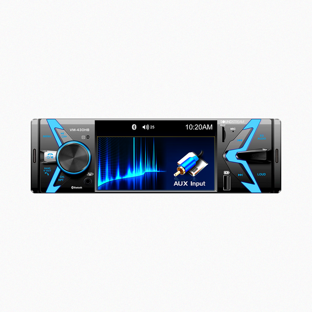 Soundstream Single DIN CD Player showing AUX input screen