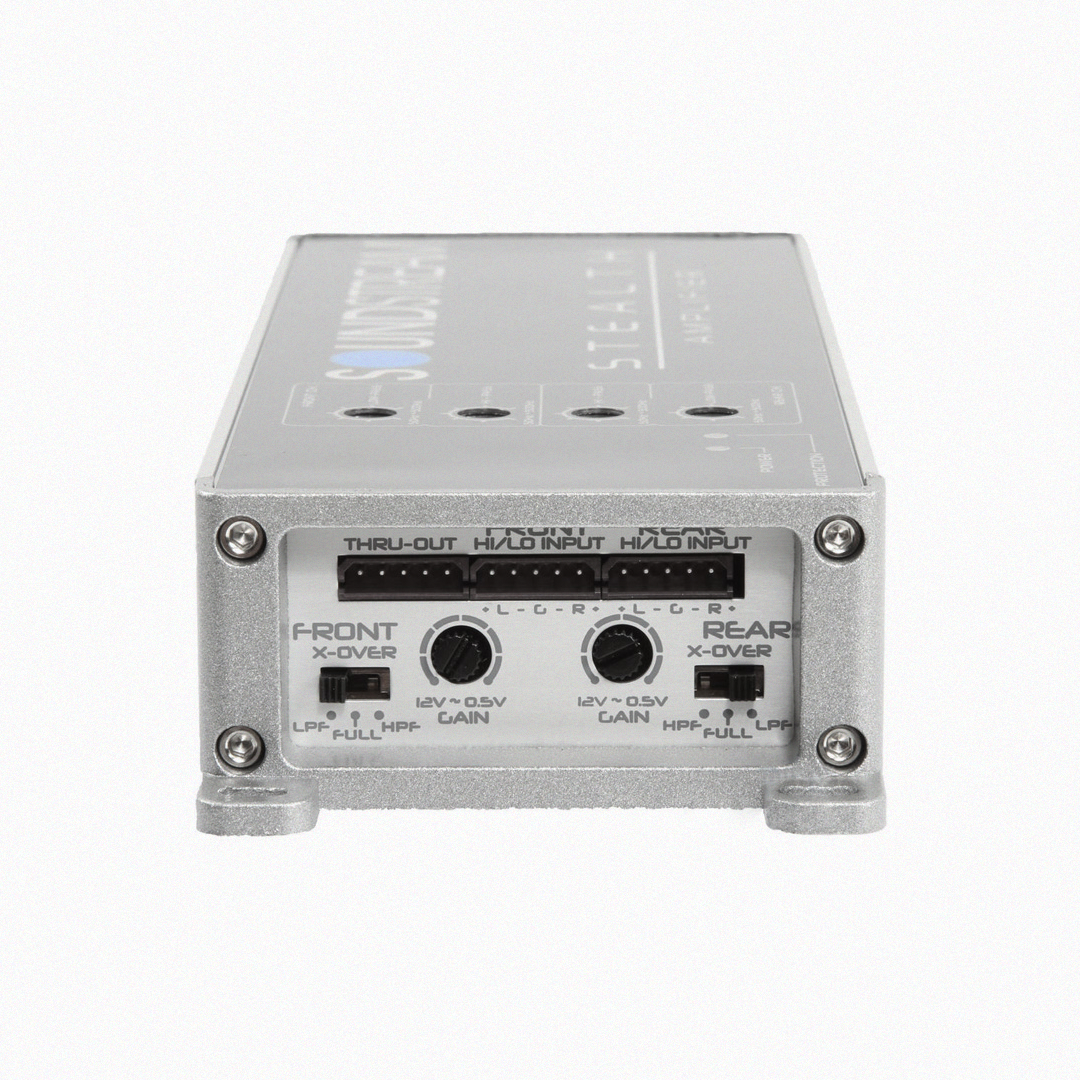 Side view of Soundstream Stealth amplifier with control settings